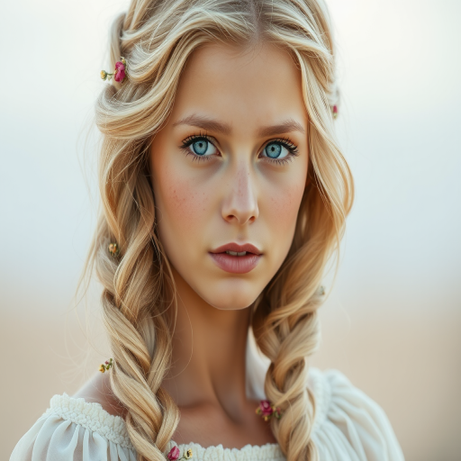 Create an image of a young Sahrawi woman with long, wavy blonde hair, adorned with small, colorful flowers woven into her braids and loose strands. Her complexion is fair, with soft, glowing skin, and she has light blue eyes that gaze softly at the viewer. She wears a light, flowing dress with a gentle, ethereal quality, complementing her delicate and serene appearance. The background is slightly blurred, drawing focus to her tranquil expression and the intricate details of the flowers in her hair. The overall mood of the image is one of natural beauty and grace, evoking a sense of peacefulness and connection with nature.