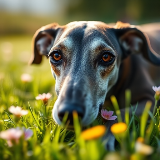 A close-up portrait of a greyhound lying in a sunlit meadow with soft grass and flowers, capturing its expressive eyes with a shallow depth of field, shot with a Canon EOS 5D Mark IV, 50mm lens, aperture f/1.8, ISO 100, natural light for enhanced image quality.