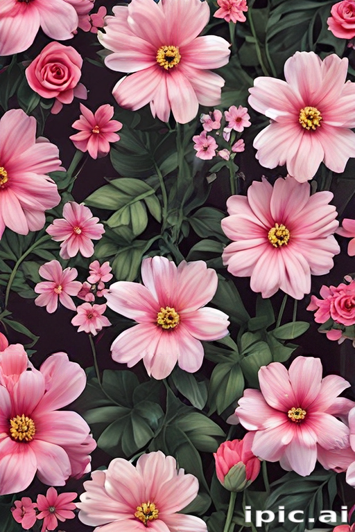 Vibrant Floral Design Featuring Various Pink Flowers Against a Dark ...