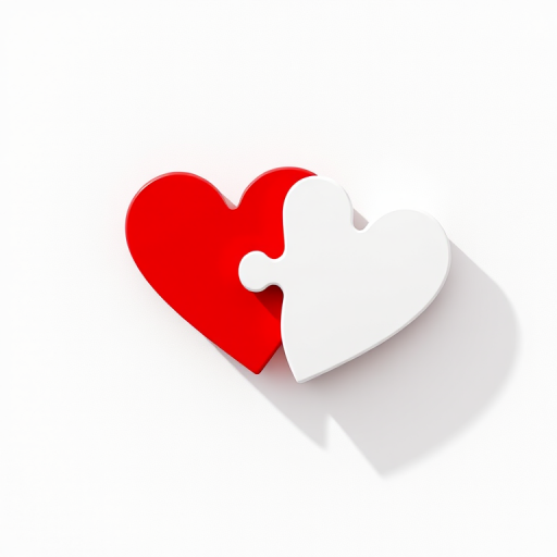 Create a 3D rendering of two interlocking heart puzzle pieces, one red and one white, with soft shadows, using a Canon EOS R5 with a 50mm f/1.2 lens, aperture set to f/2.8, ISO 100, and a slightly elevated angle for a dynamic perspective.