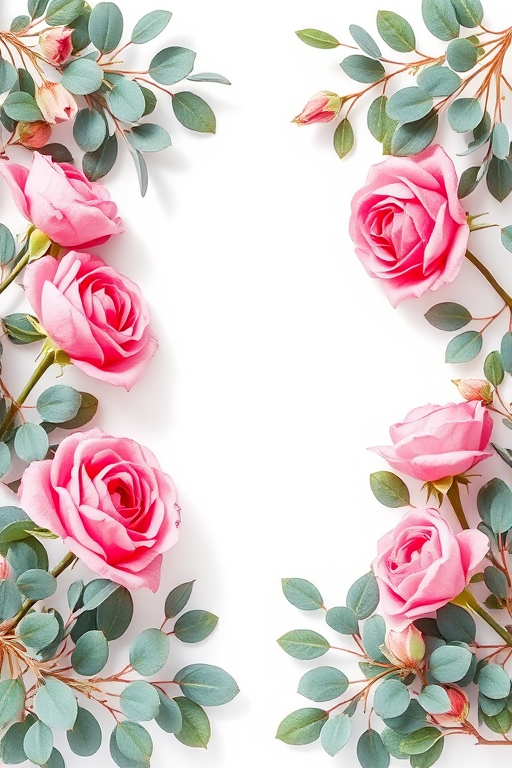 Create a watercolor floral frame featuring pink roses and eucalyptus leaves with a blank center for text, shot with a Canon EOS R5 at f/2.8, 1/125s, ISO 100, in natural light, using a soft focus style.