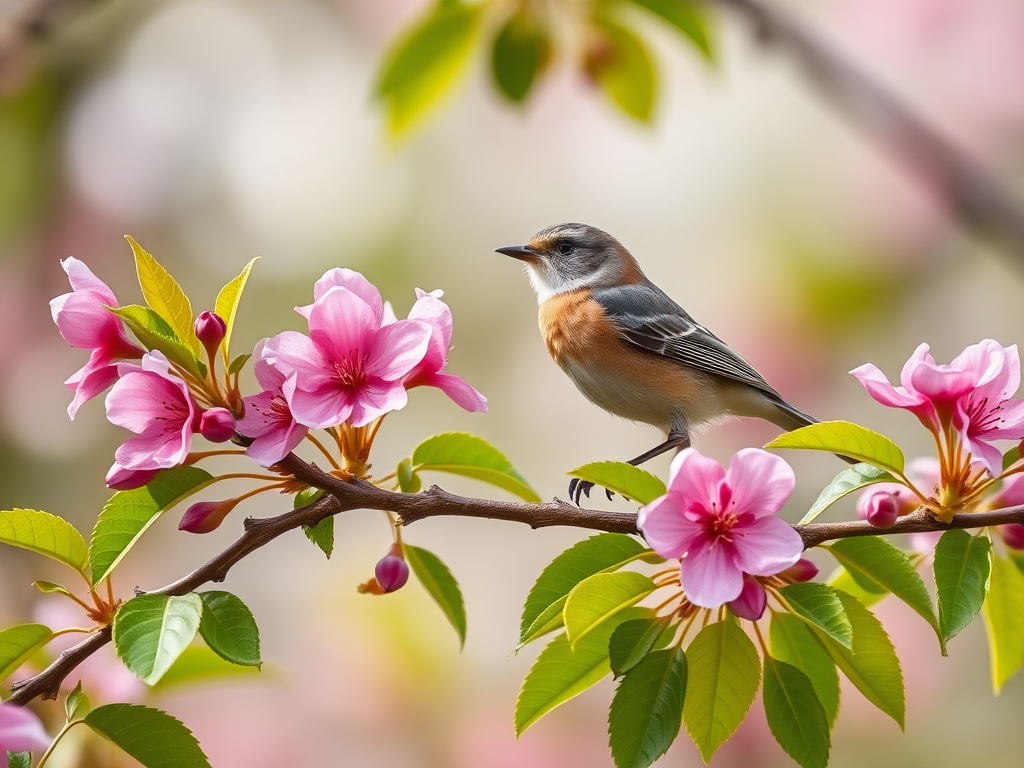 a bird perched on a branch with blooming pink flowers and green leaves
