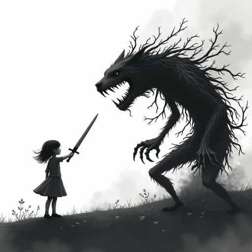 Fight your fears illustration of black and white minimalist of a little girl standing on a hill, raising a sword in hand, she is facing a large menacing creature with large head, sharp teeth and sharp claws, its body is made of vines and roots. The background is a cloudy sky with a hint of smoke or fog. The overall mood of the image is dark and eerie.