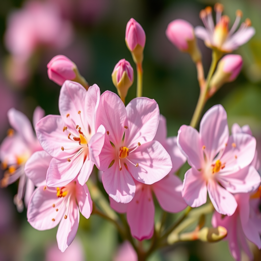 Create a high-resolution image of delicate pink flowers with intricate details on a transparent background, using a DSLR camera at f/2.8 aperture, ISO 100, 50mm lens, taken from a close-up perspective with soft natural lighting to enhance color vibrancy and depth.