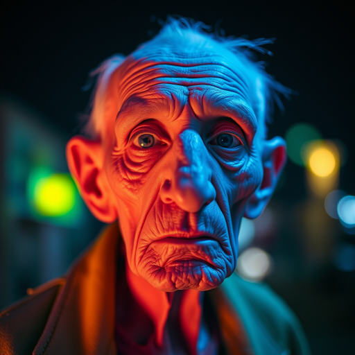 create a close-up perspective view fine art photography contemporary style of an elderly worn albino’s face with a soft, candid expression on a blurred sky black light background. Showcasing a modern style characterized by vibrant blacklight tones, using dramatic lighting and soft gradients to create a fine art atmosphere. The focus is on the light and facial features. motion light blur, neon backlit