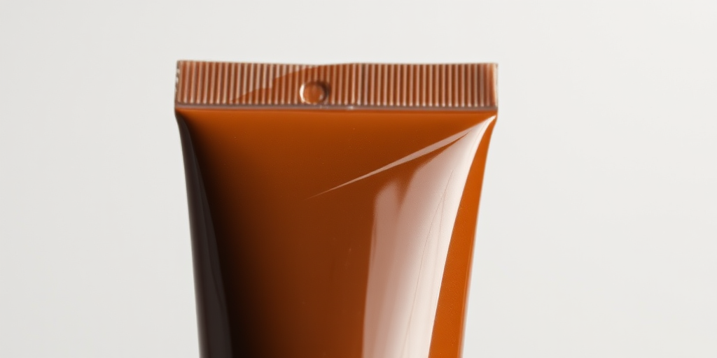 Generate an image of a glossy brown paint tube against a plain background, captured with a Canon EOS R5 at f/11, ISO 100, 1/125s, in a close-up view with soft, diffused lighting.