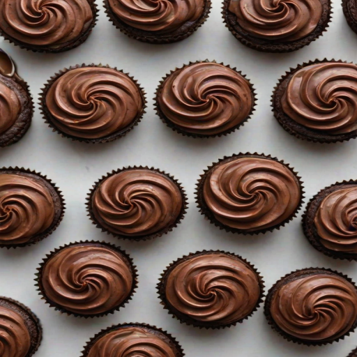 Generate an image of a close-up view of small chocolate cakes arranged on a light surface. Each cake should have a rich chocolate frosting on top, styled in a decorative swirl. The background should be softly blurred to emphasize the cakes.