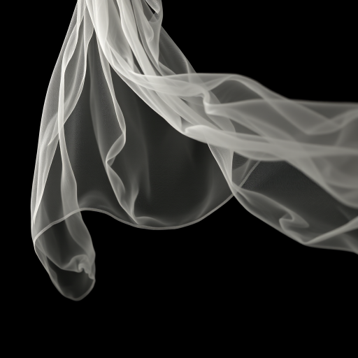 capture a flowing piece of translucent fabric gently billowing in front of a stark black background, use a Canon EOS R5, aperture f/2.8, shutter speed 1/125s, ISO 200, shot from a low angle with a soft focus effect, emphasizing the delicate textures and movement