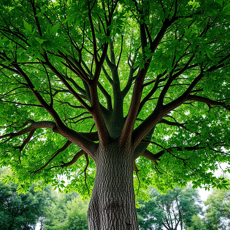 A stylized green tree with a thick trunk and a round canopy, captured in high resolution with a DSLR camera, 50mm lens, f/2.8 aperture, 1/200s shutter speed, and natural lighting from a low angle view to enhance texture and depth.