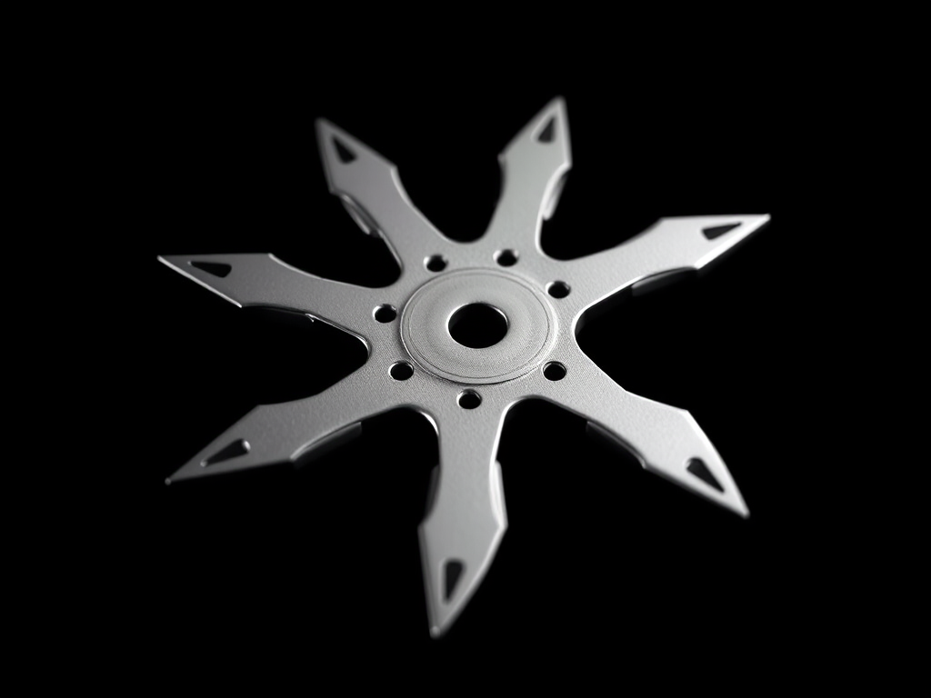 Create a highly detailed illustration of a silver shuriken with a reflective surface on a solid black background, using a Canon EOS 5D Mark IV camera, 85mm lens, aperture f/2.8, ISO 100, and a shallow depth of field for enhanced focus and clarity.