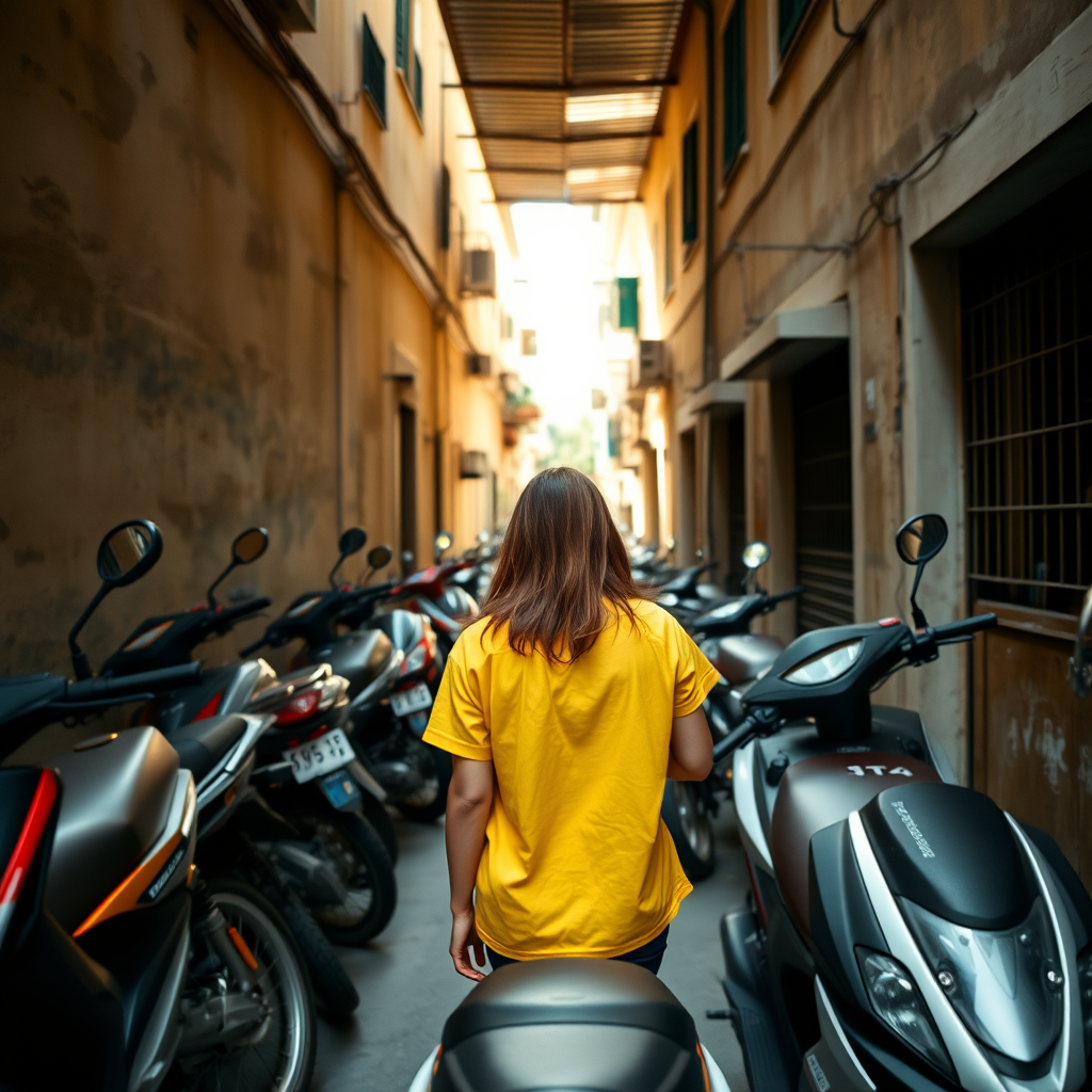 Generate a high-quality image of a narrow alleyway filled with parked motorcycles, a woman in a yellow shirt walking towards the camera, with soft natural lighting, using a DSLR camera at f/2.8 aperture, ISO 200, 50mm lens, shot from a low angle perspective.