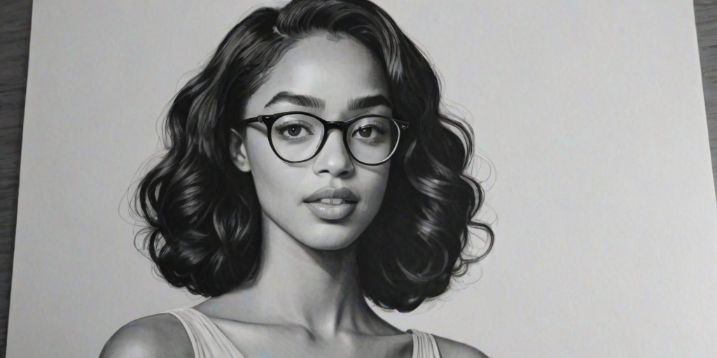 Alluring Laura Harrier, pencil sketch, portrait of Superb woman 1961s in glasses, hair style beatnik, outline, clear lines, fine lines, 8k
