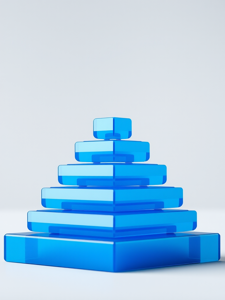 Create a 3D blue pyramid with layers, ensuring sharpness and clarity, captured using a DSLR camera at f/8 aperture, ISO 100, 50mm lens, with a slightly elevated view and soft diffused lighting.