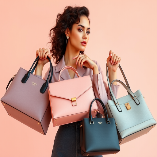 Capture a fashion model posing with three stylish handbags against a soft pastel backdrop, using a Canon EOS R5 with an 85mm f/1.4 lens, aperture set to f/2.8, ISO 100, shutter speed 1/200s, natural lighting for a soft aesthetic, shot from a 45-degree angle.