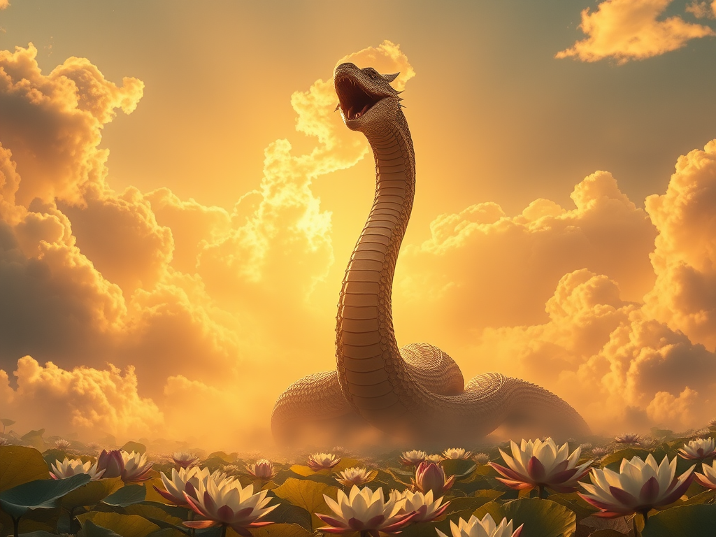 create a majestic scene with a colossal serpent emerging from a golden cloud landscape, surrounded by ethereal lotus flowers, captured with a DSLR camera at f/2.8, ISO 100, 50mm lens, soft focus background, high dynamic range, warm lighting and a wide-angle view for enhanced depth and detail