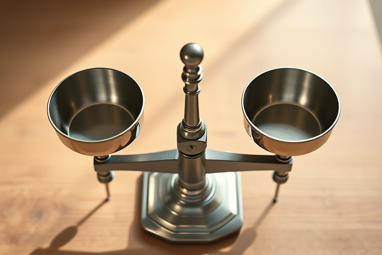 Create a high-resolution image of a classic balance scale with symmetrical pans, using a DSLR camera at f/2.8 aperture, 1/125 shutter speed, ISO 100, captured from a slight overhead view with soft natural lighting for enhanced detail and clarity.