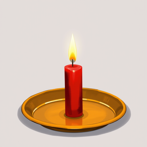 Create an illustration of a red candle with a lit flame resting on a gold tray, using a DSLR camera with a 50mm lens, f/2.8 aperture, 1/60s shutter speed, and ISO 200, from a top-down view with soft lighting to highlight the textures and colors.