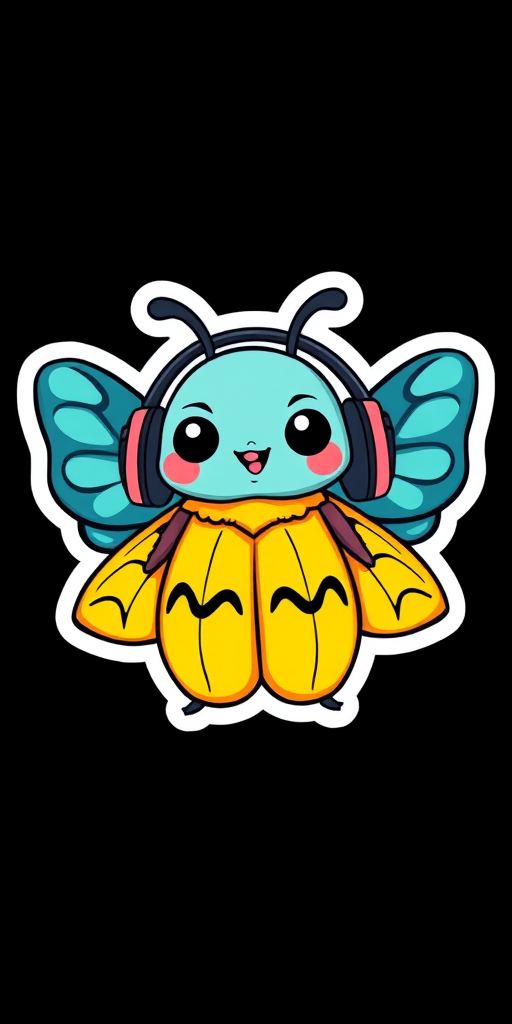this image is sticker, Happy Colorful Moth wearing Headphones, kawaii, contour, vector, black background