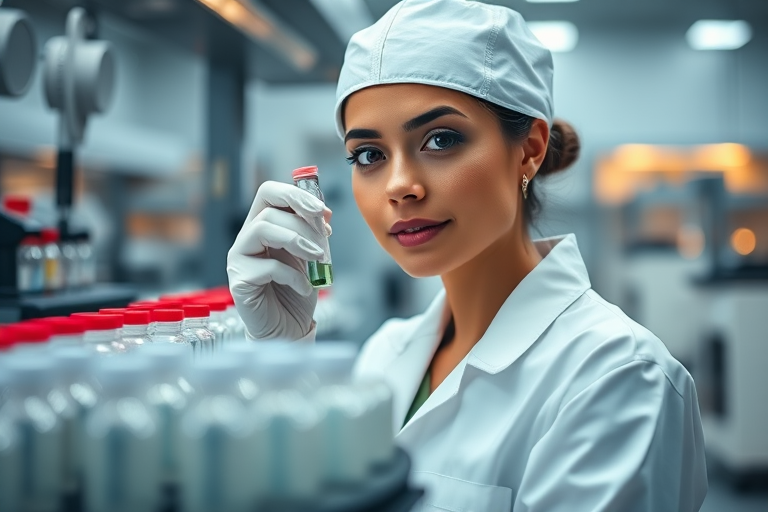 Capture a high-quality image of a laboratory setting with a woman in a white lab coat and cap holding a vial, surrounded by a production line of vials, using a shallow depth of field and soft lighting, shot with a Canon EOS R5 at 50mm, f/1.8, ISO 100, with a focused view on the woman and a blurred background to enhance detail and depth.