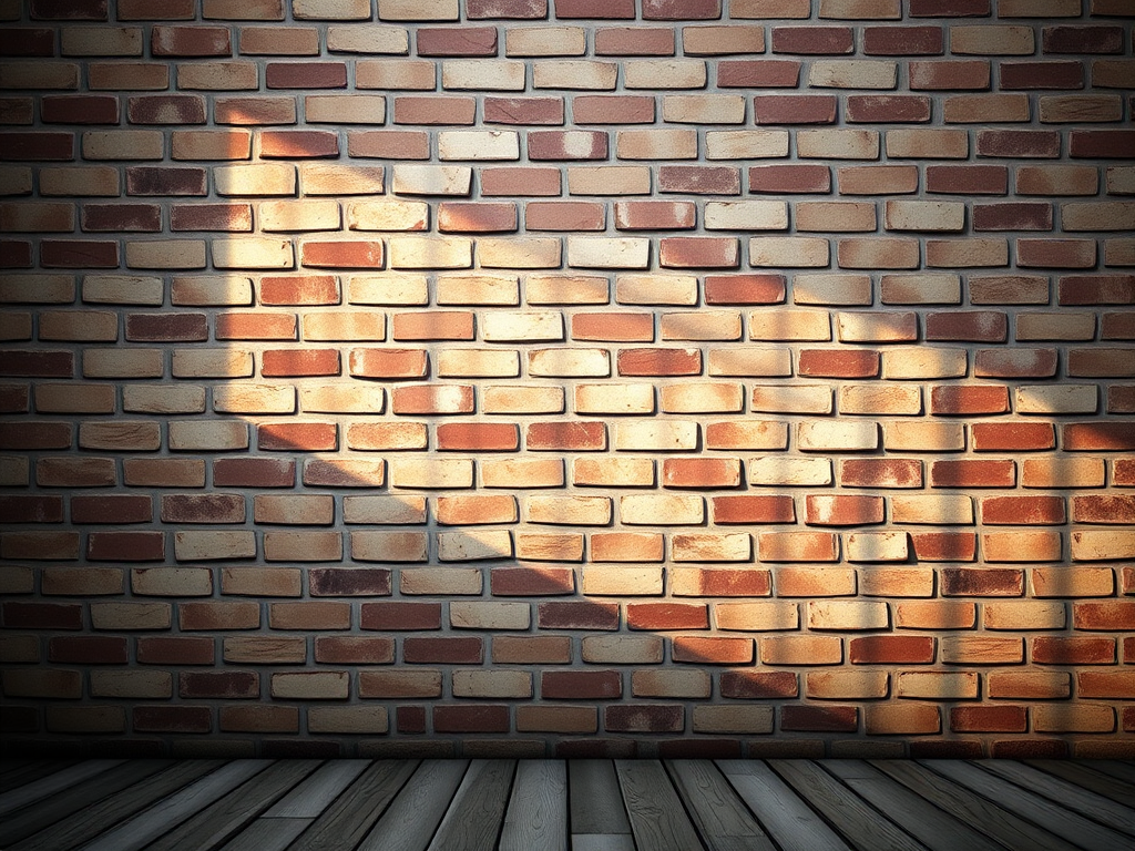 Generate a 3D rendered image of a brick wall with realistic textures and shadows, using a depth of field effect, shot from a slight low angle, at an aperture of f/8, ISO 100, shutter speed 1/60s, with a DSLR camera to enhance image quality.