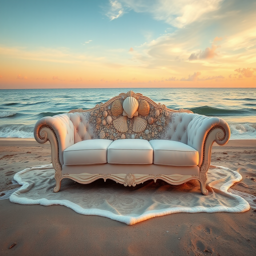 A luxurious seashell-embellished sofa on a serene beach at sunset, with gentle waves lapping at the shore, shot with a Canon EOS R5, 50mm lens, f/1.8, ISO 100, with golden hour lighting for soft shadows and vivid colors.
