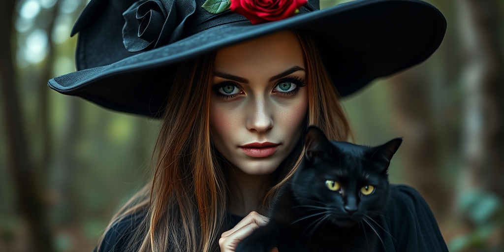 Create a portrait of a witch with long hair and striking green eyes, wearing a large black hat adorned with a rose, holding a black cat, in a mystical forest setting, using a DSLR camera with a 50mm lens, aperture set to f/1.8, ISO 100, shot in soft natural light for enhanced detail and depth.