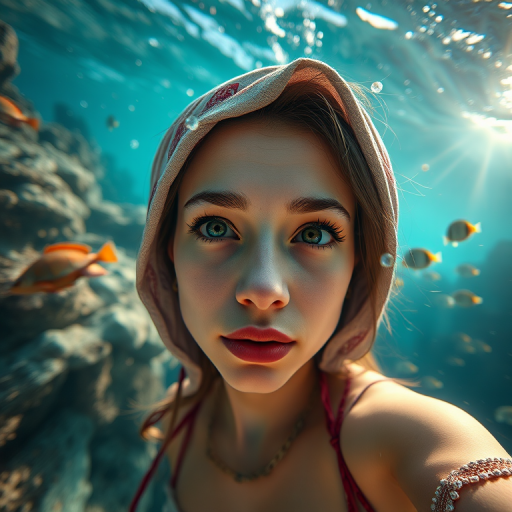 Realistic selfie image of a Mizrahi, wearing a vintage outfit, detailed dreamy eyes, droopy hooded eyes, staring at the camera, taken underwater at coral reef with a sunbeam filtering through the water, vibrant, summer vacation, natural lighting, turtle and school of tropical fish with vibrant colors, rendered in the style of CryEngine, Pegi Nicol MacLeod, with realistic genre scenes, hauntingly beautiful narratives, ultra-realism, and Thomas Saliot's close-up technique, 8K resolution, crystal clear and sparkling water.