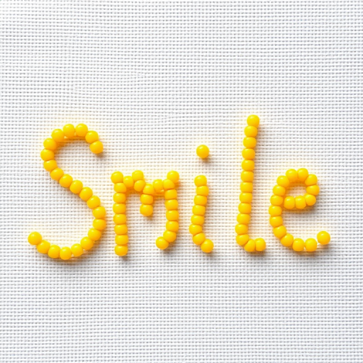 Create an image of the word "Smile" written in vibrant yellow beads on a textured white canvas background, with a soft focus, using a DSLR camera at f/2.8 aperture, 50mm lens, ISO 100, and natural lighting for enhanced quality.