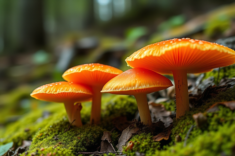capture a close-up of vibrant coral mushrooms in a forest setting, use a macro lens with f/2.8 aperture, ISO 100, shutter speed 1/200s, natural lighting, and a shallow depth of field to emphasize texture and detail