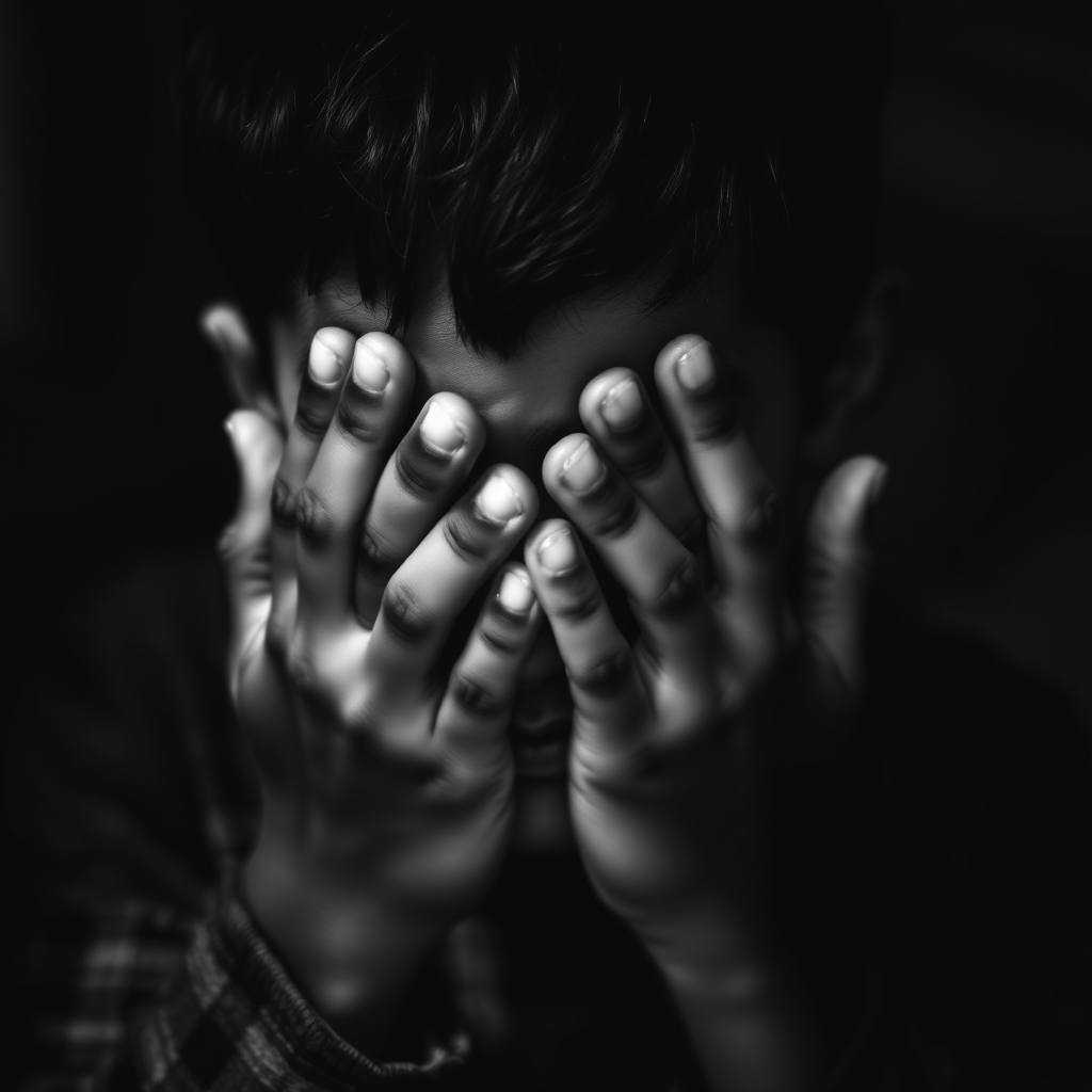 Create a black and white portrait of a boy with his hands covering his face, using a shallow depth of field, aperture f/1.8, shutter speed 1/125s, ISO 100, natural light, with a soft focus background, taken from a low angle to emphasize emotion and create dramatic shadows.