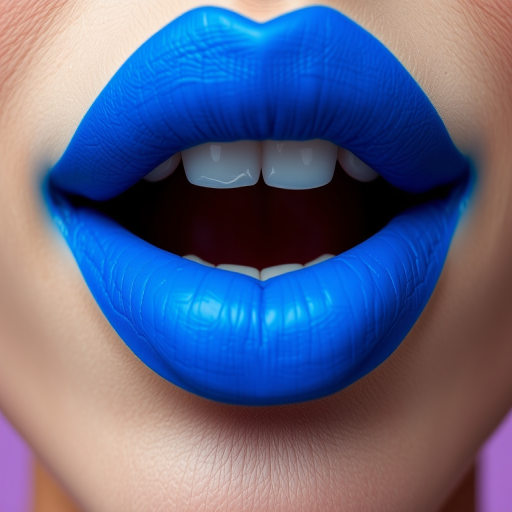 Electric blue lips with a matte finish, daring and avant-garde, pushing the boundaries of conventional beauty with their bold and artistic statement