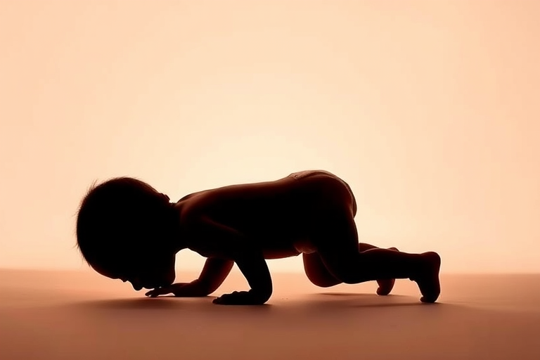 Create a high-resolution silhouette of a crawling baby on a soft pastel background, shot with a DSLR camera at f/2.8 aperture, 50mm lens, 1/200s shutter speed, in natural lighting from a side angle to accentuate the form and movement of the figure.