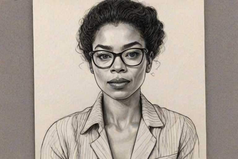 Exquisite Sophie Okonedo, pencil sketch, portrait of Ravishing woman 1975s in glasses, hair style beatnik, outline, clear lines, fine lines, 8k