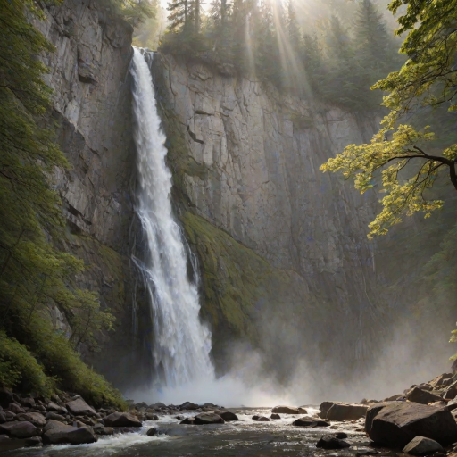 Sharp, high-resolution photo of a waterfall cascading down a rocky cliff, soft mist rising from the base, sunlight streaming through the trees, distant birds flying overhead, and the sound of rushing water filling the air.