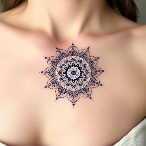 Ethereal white ink mandala tattoo with intricate lace-like patterns and delicate dotwork, creating a subtle yet mesmerizing design that seems to glow on the skin, placed on the sternum