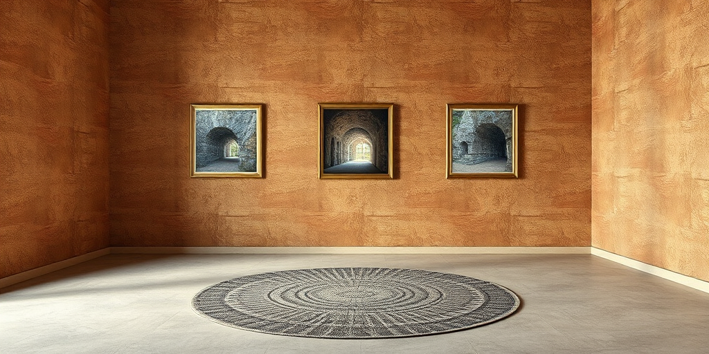 Regenerate the image of an empty room with textured brown walls featuring three framed pictures of stone tunnels, a circular patterned rug in the center, using a DSLR camera with a 24mm lens, aperture f/8, ISO 100, HDR technique, and a wide-angle view.