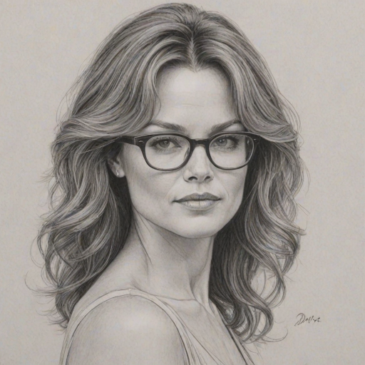 Radiant Dina Meyer, pencil sketch, portrait of Graceful woman 1968s in glasses, hair style beatnik, outline, clear lines, fine lines, 8k