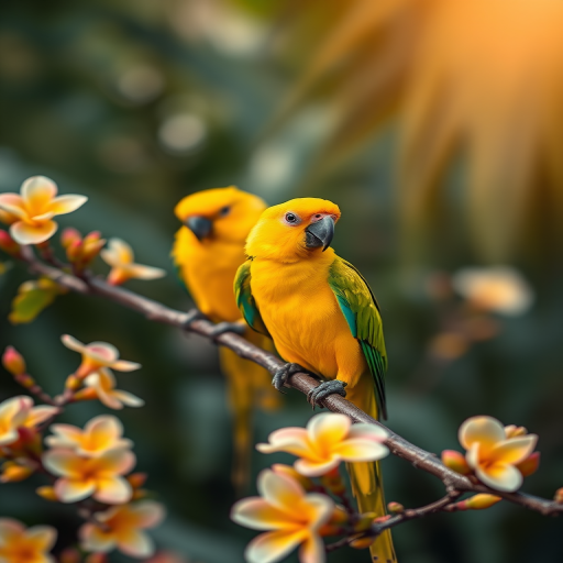 Tropical scene with two vibrant yellow parrots perched on a branch with blooming flowers, soft focus background, close-up shot, natural lighting, DSLR camera settings: f/2.8 aperture, ISO 100, 50mm lens, vibrant colors and high detail.