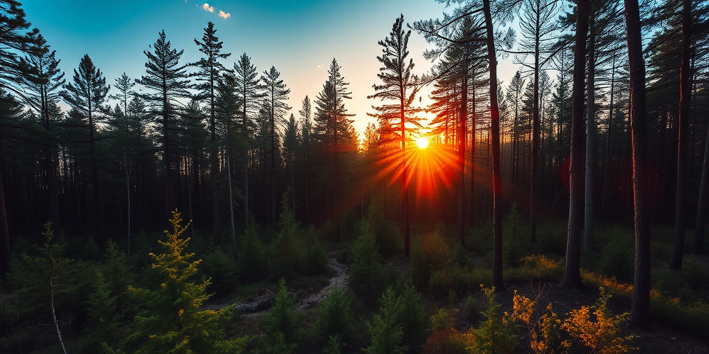 Create a high-resolution image of a serene forest landscape during the golden hour, captured with a Canon EOS R5, 24mm lens, aperture f/8, ISO 100, and a focal length of 24mm, using a wide-angle perspective to emphasize depth and vibrant lighting.