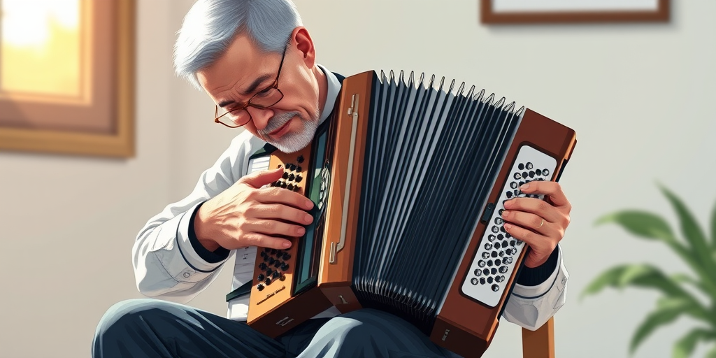 Create a detailed illustration of a man playing an accordion, seated with musical sheets in front of him, captured in natural light with a soft-focus background, using a DSLR camera at f/2.8 aperture, ISO 100, and a focal length of 50mm for enhanced depth of field and clarity.