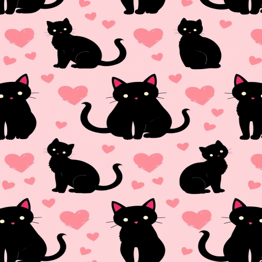Generate a seamless pattern design featuring silhouettes of playful cats in soft pink tones with heart shapes in the background, shot with a Canon EOS R5 at f/8 with a 50mm lens, in a flat lay view to emphasize the repeating design, using vibrant colors for enhanced quality.