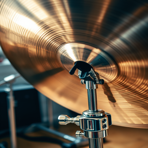 Photograph a cymbal mounted on a chrome stand, use macro lens at f/2.8 aperture and ISO 100, shot from a low angle view with soft lighting to enhance details and textures, DSLR camera.