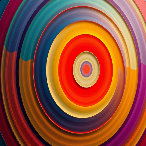 Generate a vibrant abstract pattern of concentric circles with high contrast colors, captured with a Canon EOS R5 at f/8, ISO 100, 50mm lens, with a symmetrical composition and soft lighting for enhanced clarity.