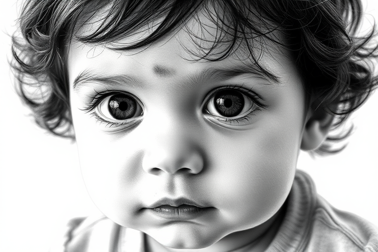 A hyperdetailed photorealistic black and white sketch of a beautiful toddler with deep black eyes, with a macro focus