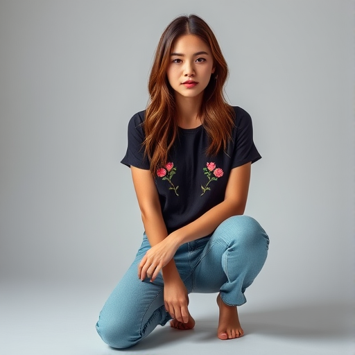 Create a high-resolution 3D model image of a young woman kneeling with a neutral expression, wearing a dark top with floral embroidery and light denim jeans, with soft, even lighting, using a digital camera set to a focal length of 50mm, aperture of f/2.8, ISO 100, in a realistic style.