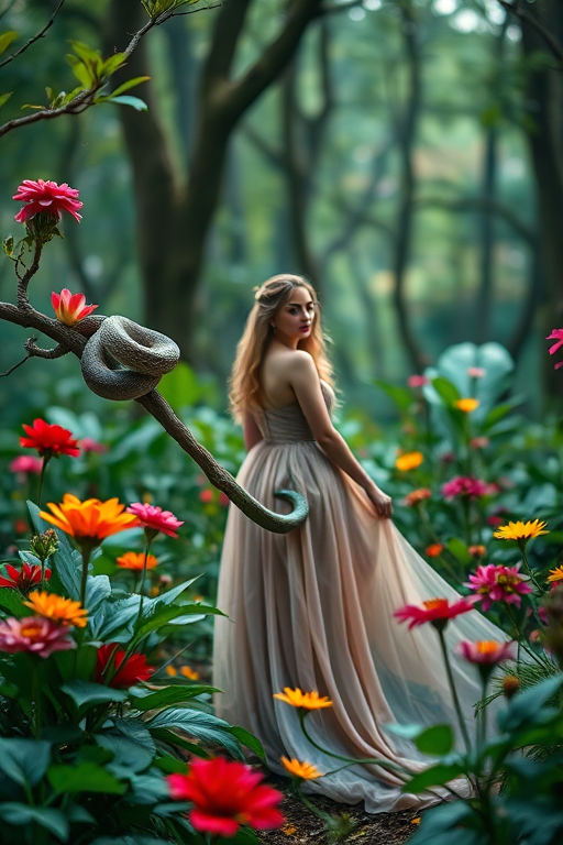 Fantasy forest scene featuring a woman in a flowing gown surrounded by vibrant flowers and a snake coiled on a branch, soft focus background, taken with a DSLR camera at f/2.8, ISO 100, 35mm lens with a shallow depth of field, backlighting to create a magical atmosphere.