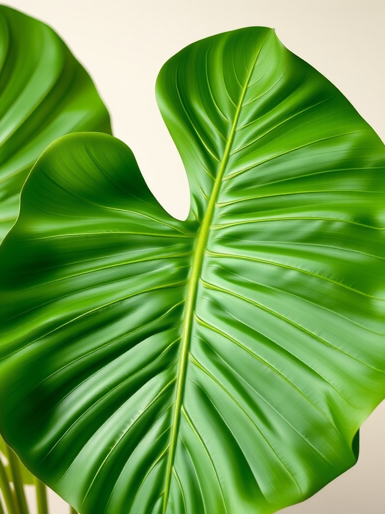 Generate an image of a green tropical leaf with a unique shape, set against a soft neutral background.