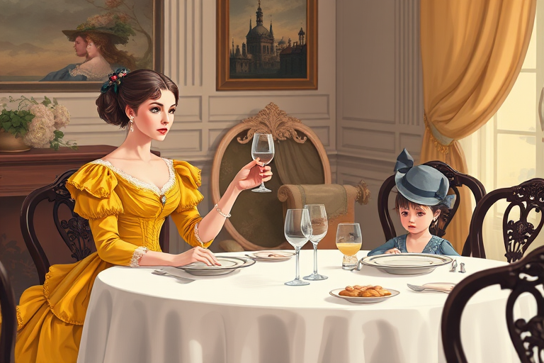 Illustrate a 19th century Victorian scene featuring two elegantly dressed women, one in a colorful yellow gown and the other in a gray dress, sitting at a beautifully set table, with one woman offering a glass, soft natural lighting, 50mm lens, f/1.8 aperture, focus on the subjects with a blurred background, high-resolution digital art style.