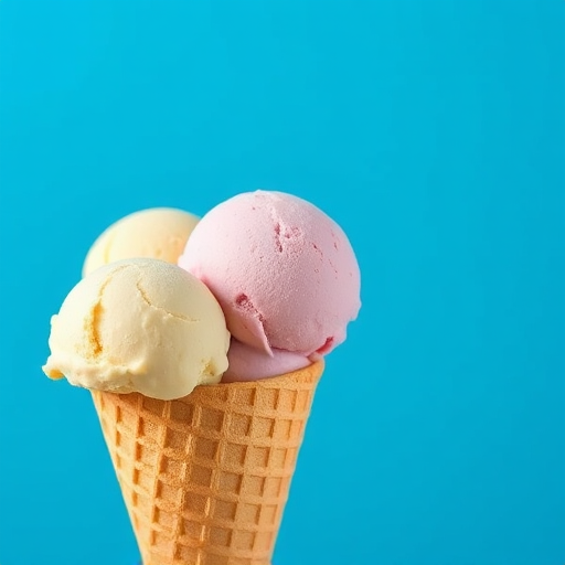 Create a high-resolution image of an ice cream cone with three scoops of ice cream in pastel colors against a vibrant blue background, using a Canon EOS R5, f/2.8 aperture, 50mm lens, and shoot in natural light for enhanced detail and clarity.