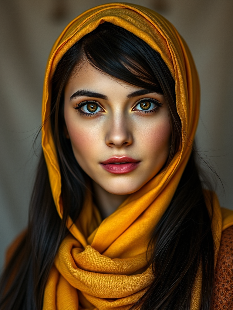 Create a portrait of a young Azerbaijani woman with long, dark hair and captivating hazel eyes. She is wearing a Yellow headscarf and a matching scarf draped gracefully around her neck. The background is softly blurred, focusing attention on her serene and natural expression. The overall color palette is muted and warm, enhancing the intimate and authentic feel of the portrait.